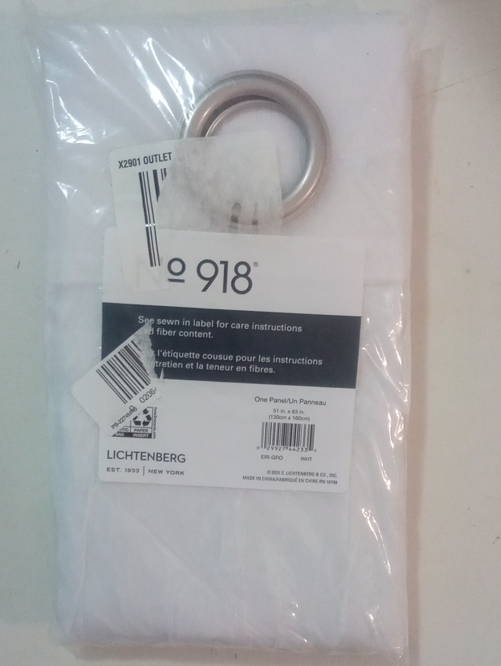 No 918 White Voile Curtain Panel with Silver Grommet 63":NWT $35